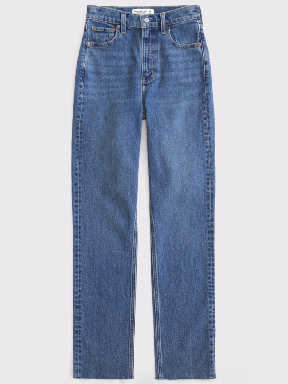 A&F Ultra High Rise 90’s Straight Jeans- Medium wash, Raw Hem, 34 SHORT